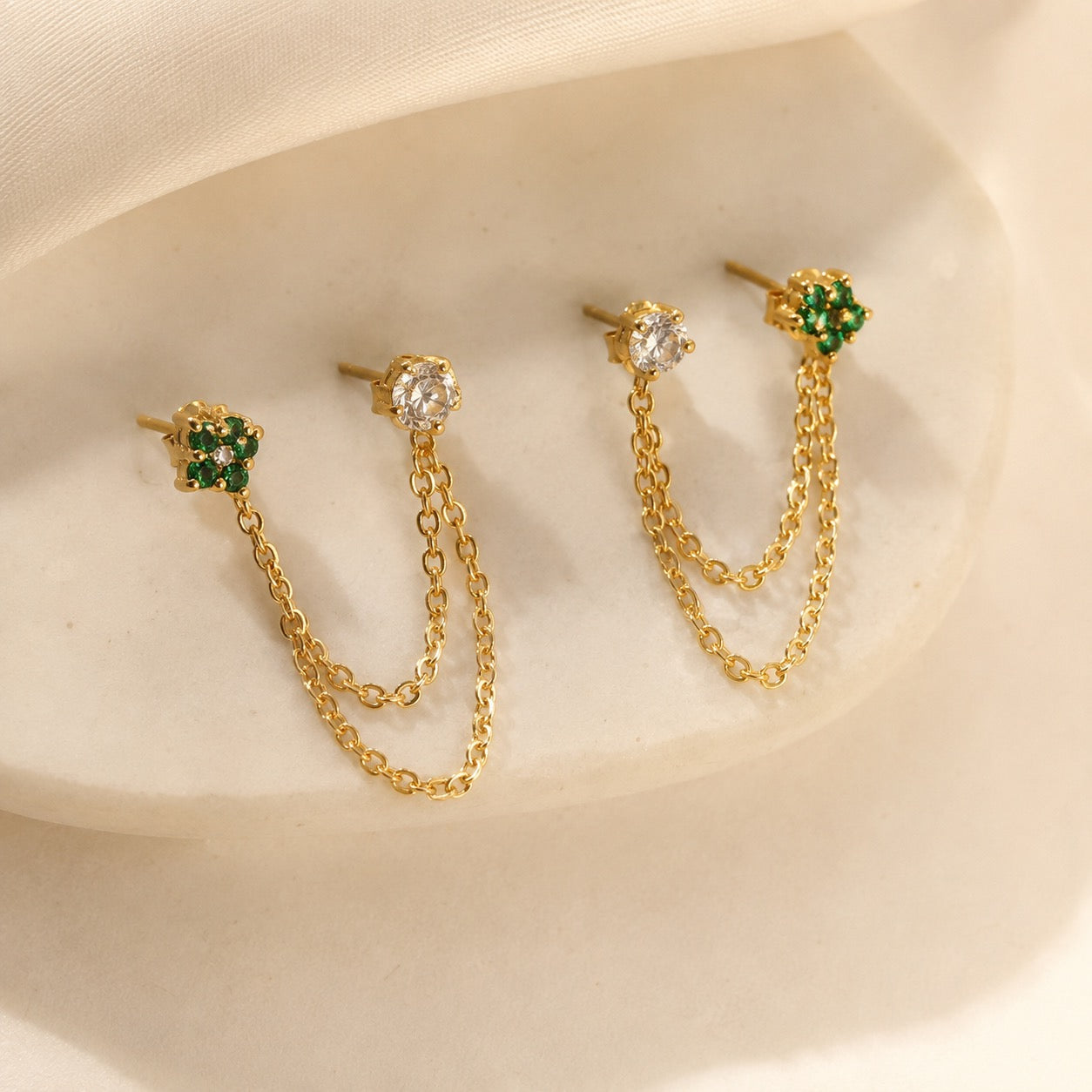 Emerald Diamond Duet Chain Earrings