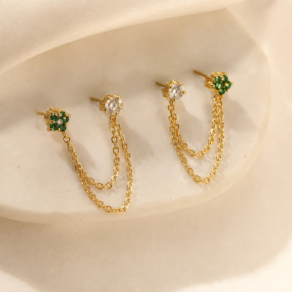 Emerald Diamond Duet Chain Earrings