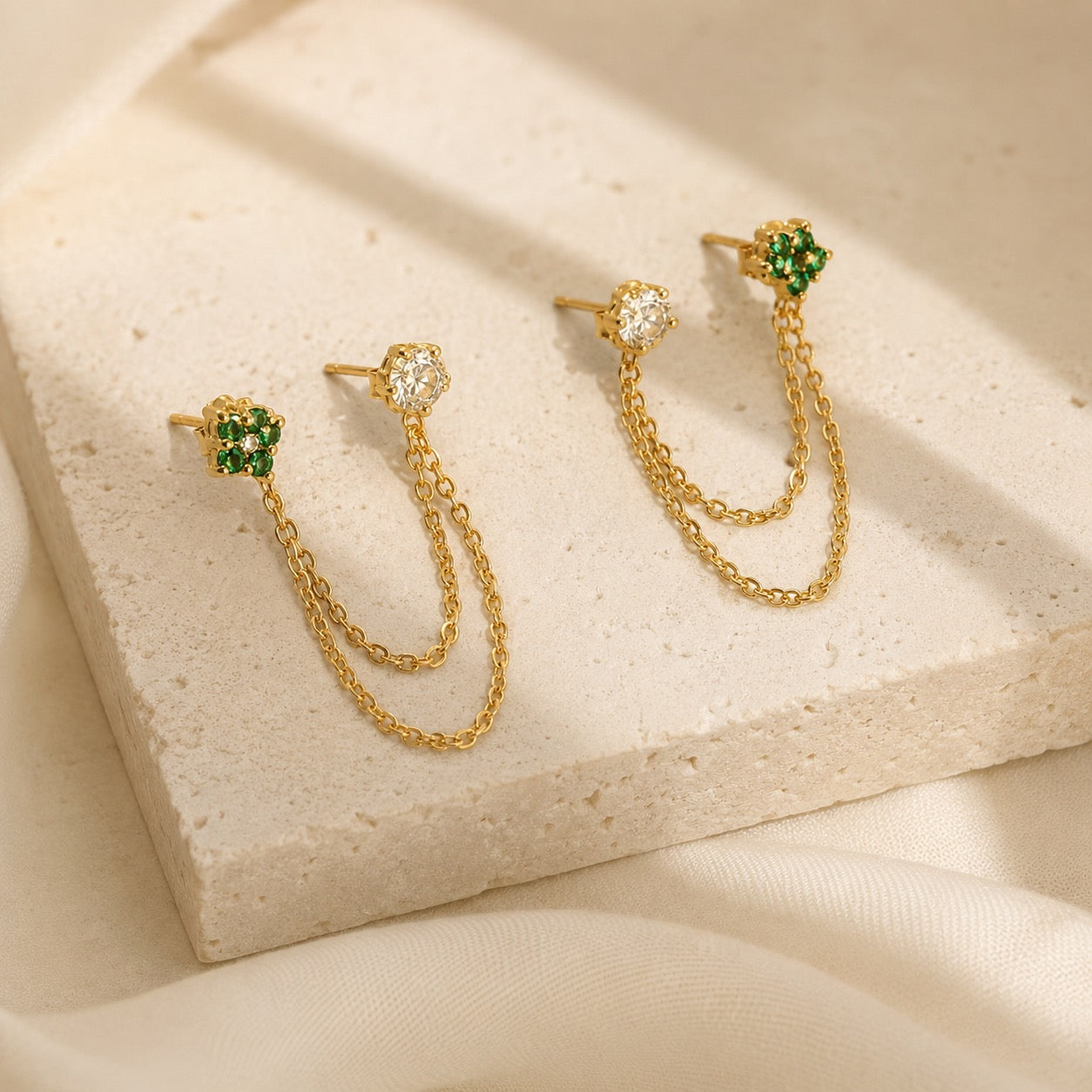 Emerald Diamond Duet Chain Earrings