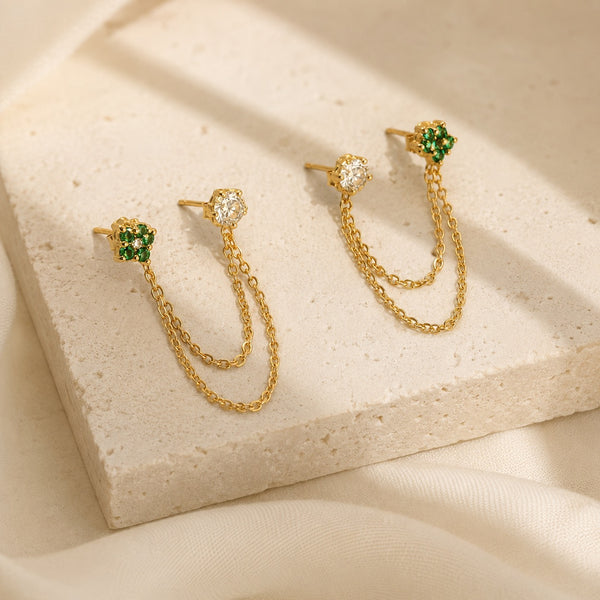 Emerald Diamond Duet Chain Earrings