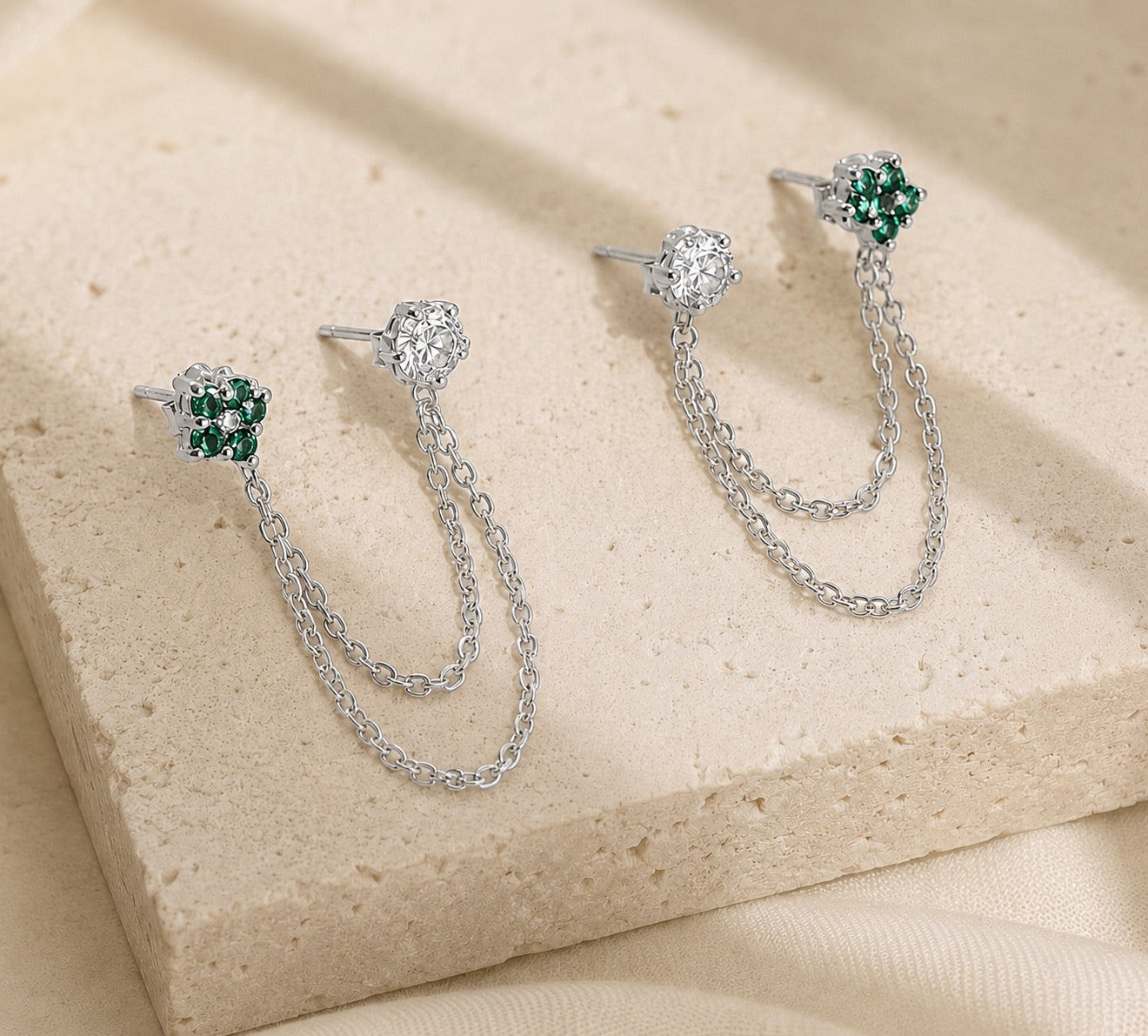 Emerald Diamond Duet Chain Earrings
