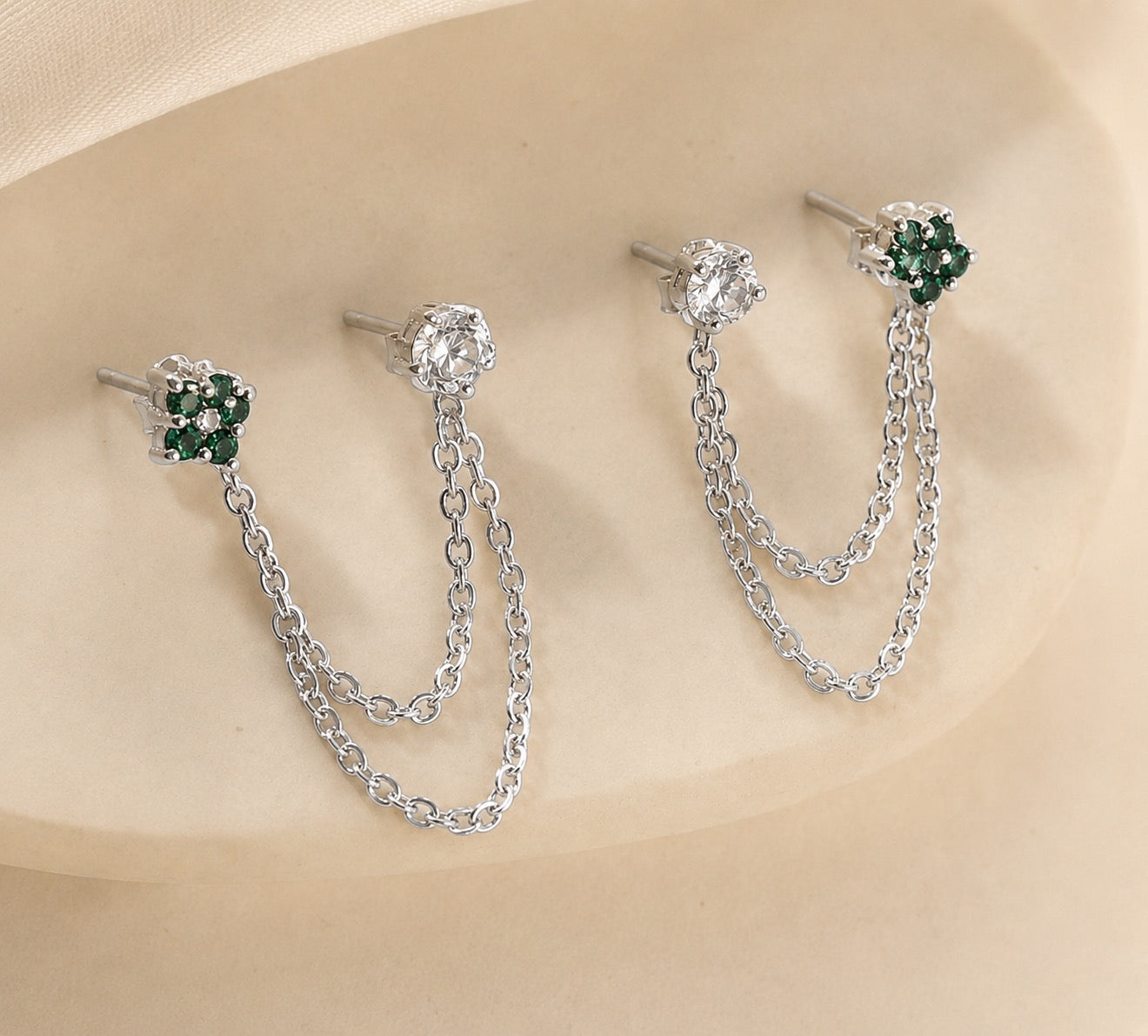 Emerald Diamond Duet Chain Earrings