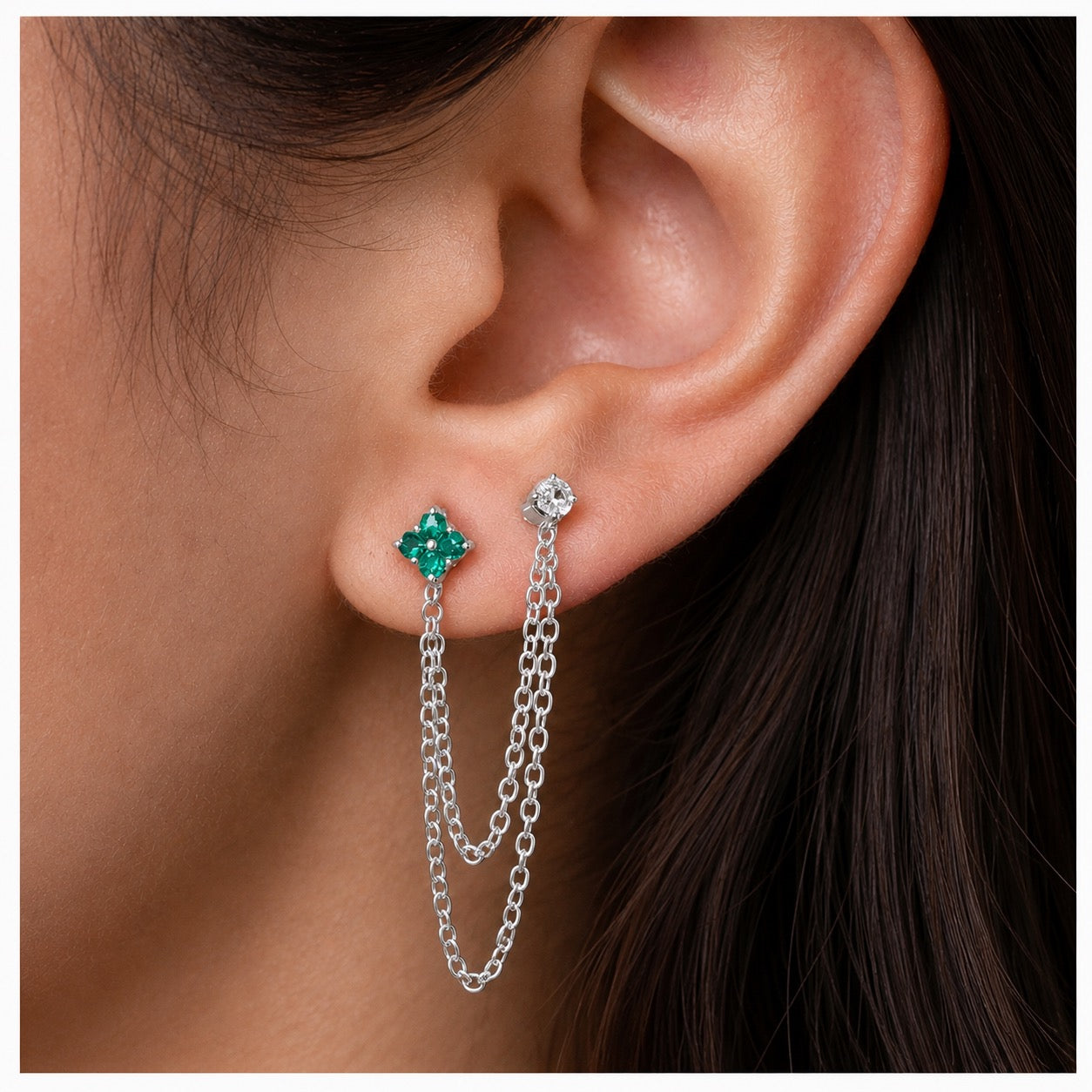 Emerald Diamond Duet Chain Earrings
