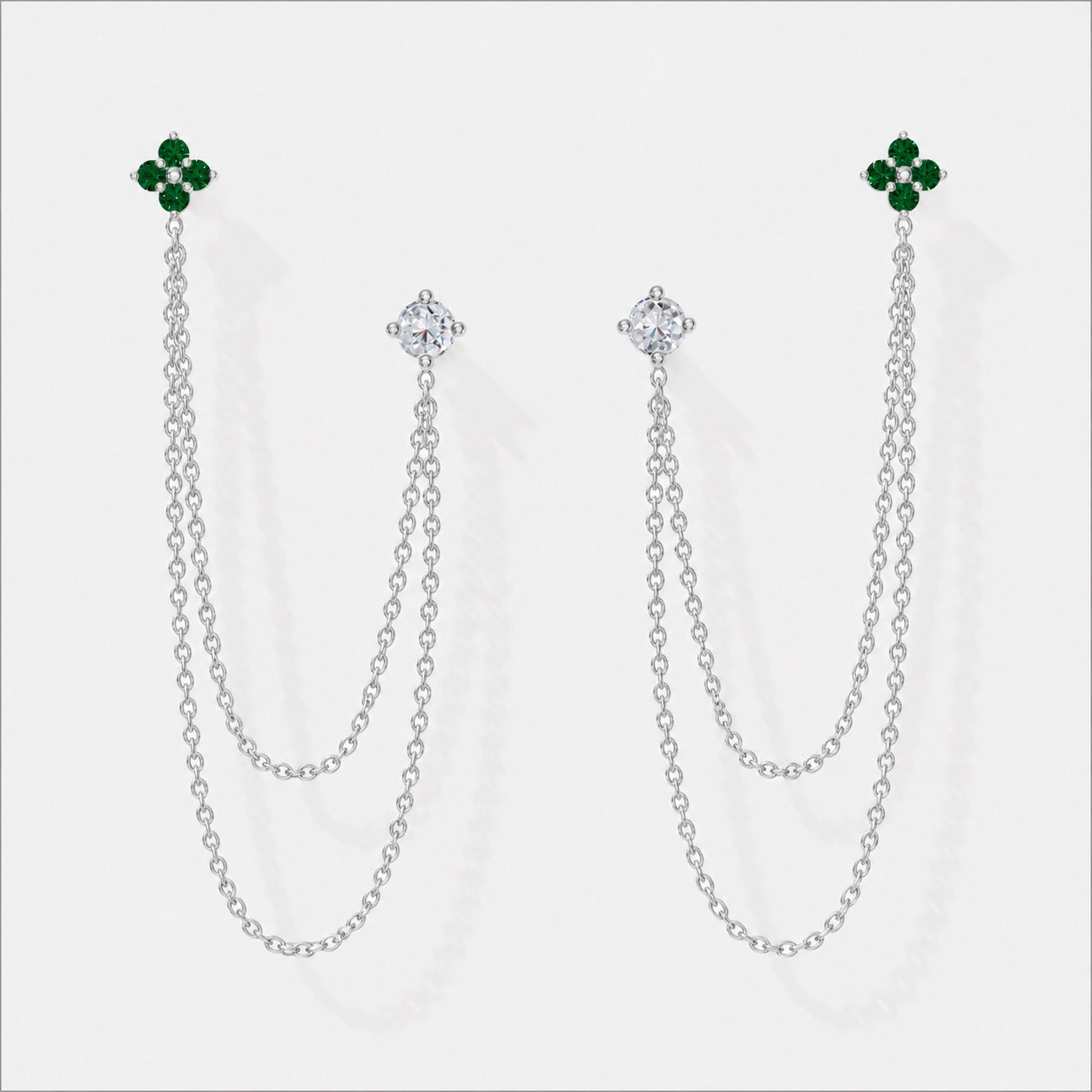 Emerald Diamond Duet Chain Earrings