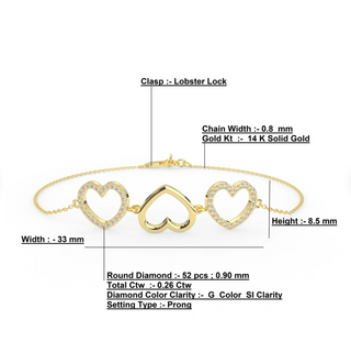 14k Three Mini Heart Charm Bracelet
