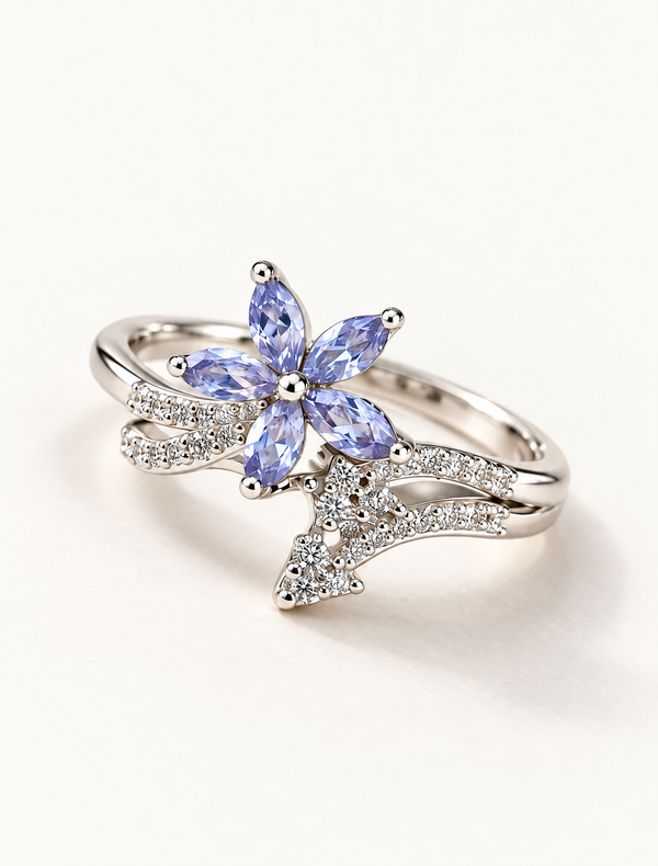Amethyst Blossom Floral Ring In 925 Sterling Silver Marquise Cut Purple CZ White CZ Floral Ring