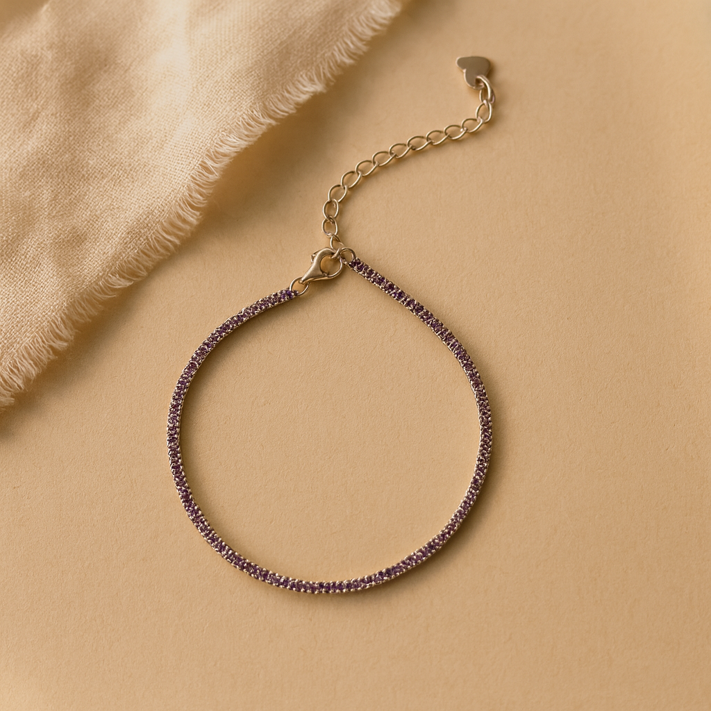 Dainty 2mm purple tennis bracelet in 925 silver, minimal fine jewellery