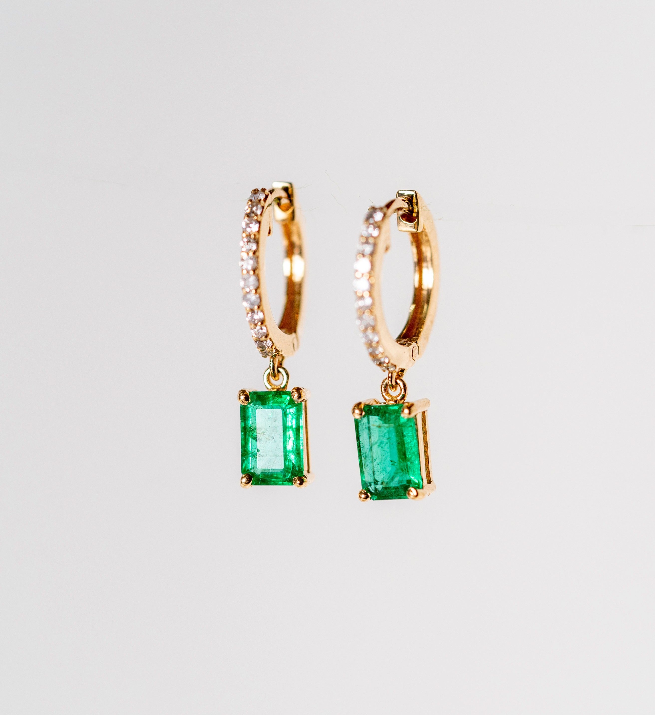 18k Emerald Diamond Octagon Drop Huggie