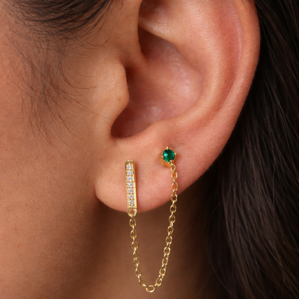 Bar Emerald Chain Earrings-Chains and Threaders-Anushka Jain Jewellery
