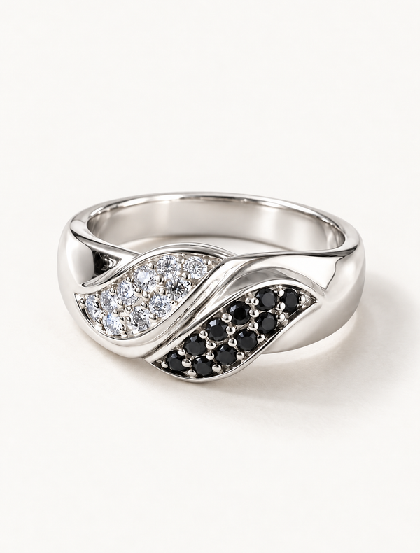 Black Onyx White CZ Wave Ring