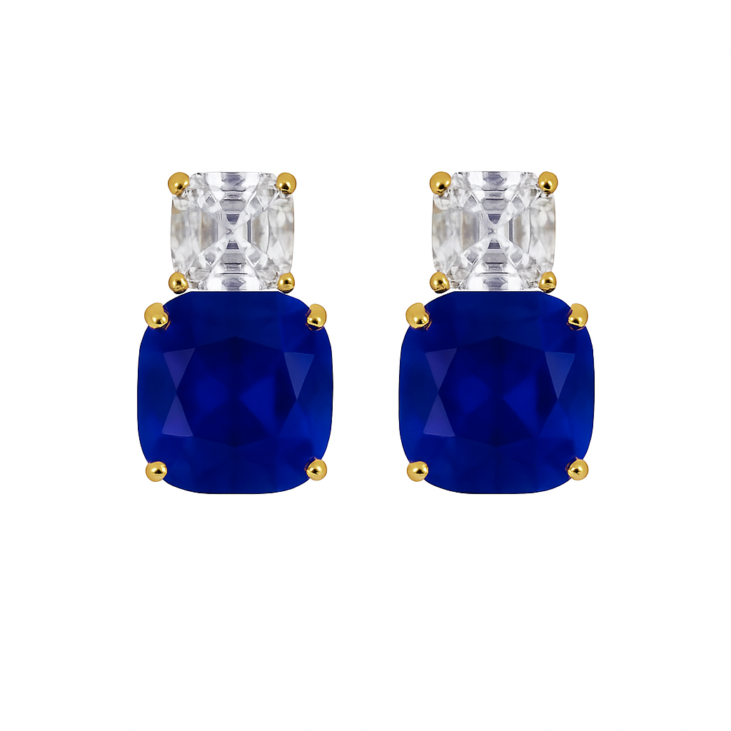 Blue Cushion Drop Earrings-Sterling silver-Gold Vermeil-Anushka Jain Jewellery