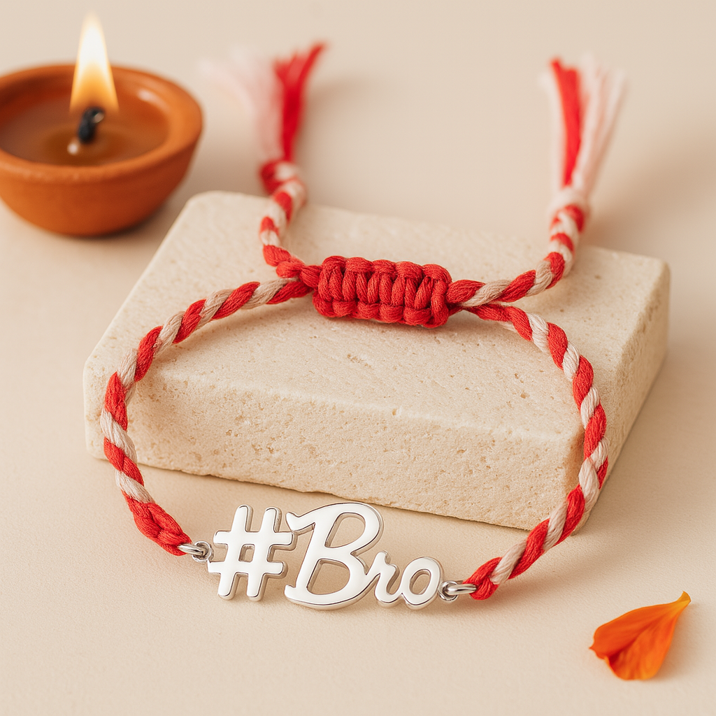Bro rakhi in 925 sterling silver, modern Raksha Bandhan bracelet for brother by Anushka Jain Jewellery