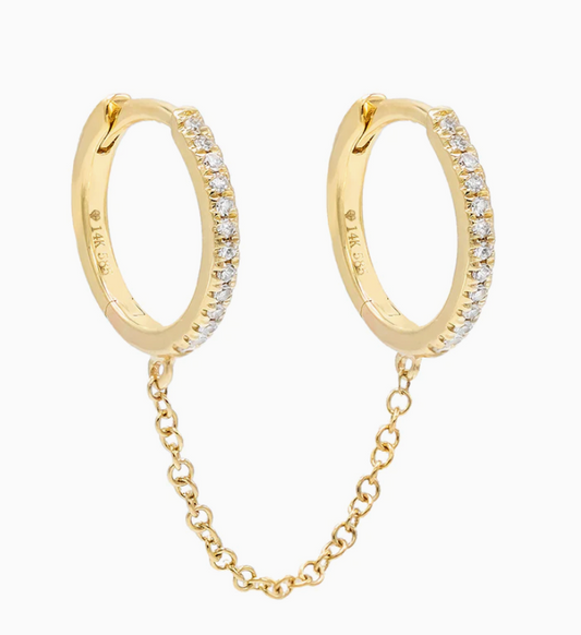 Diamond Hoop Chained Earrings Yellow Gold