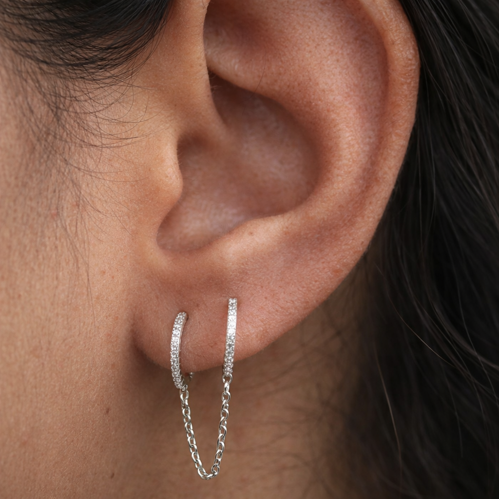 Diamond Hoop Chained Earrings-Chains and Threaders-Anushka Jain Jewellery