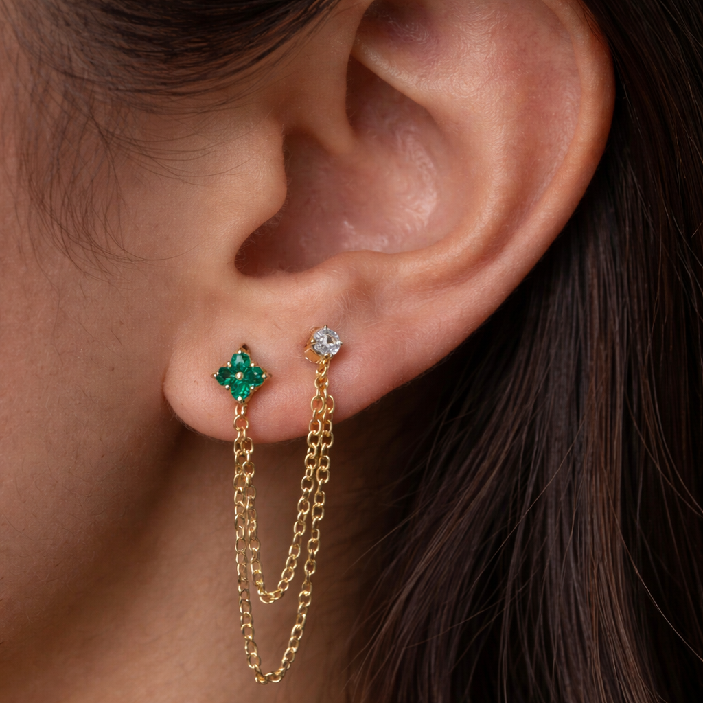 Emerald Diamond Duet Chain Earrings-Chains and Threaders-Anushka Jain Jewellery