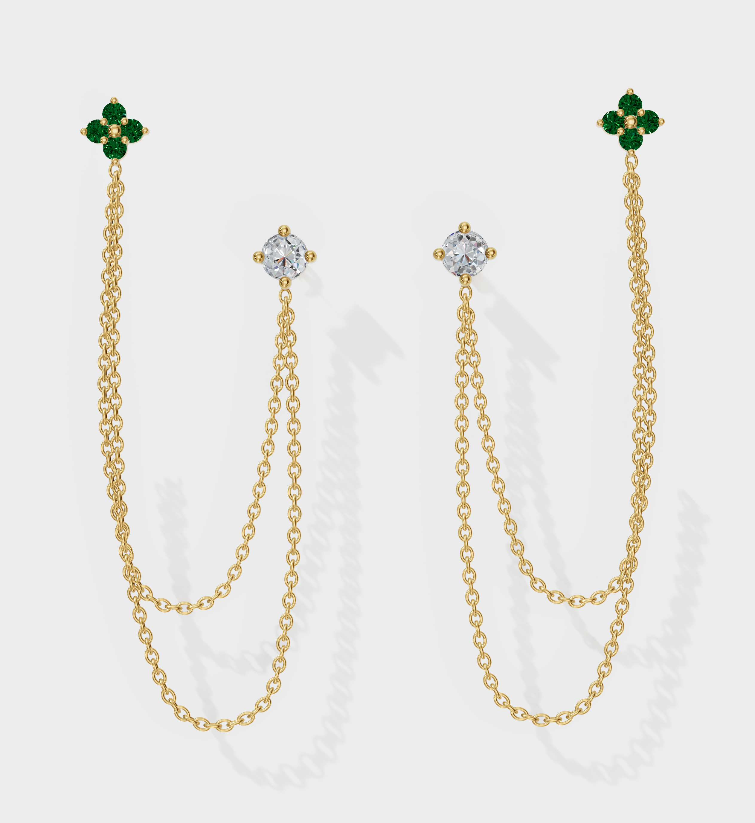 Emerald Diamond Duet Chain Earrings-Chains and Threaders-Anushka Jain Jewellery