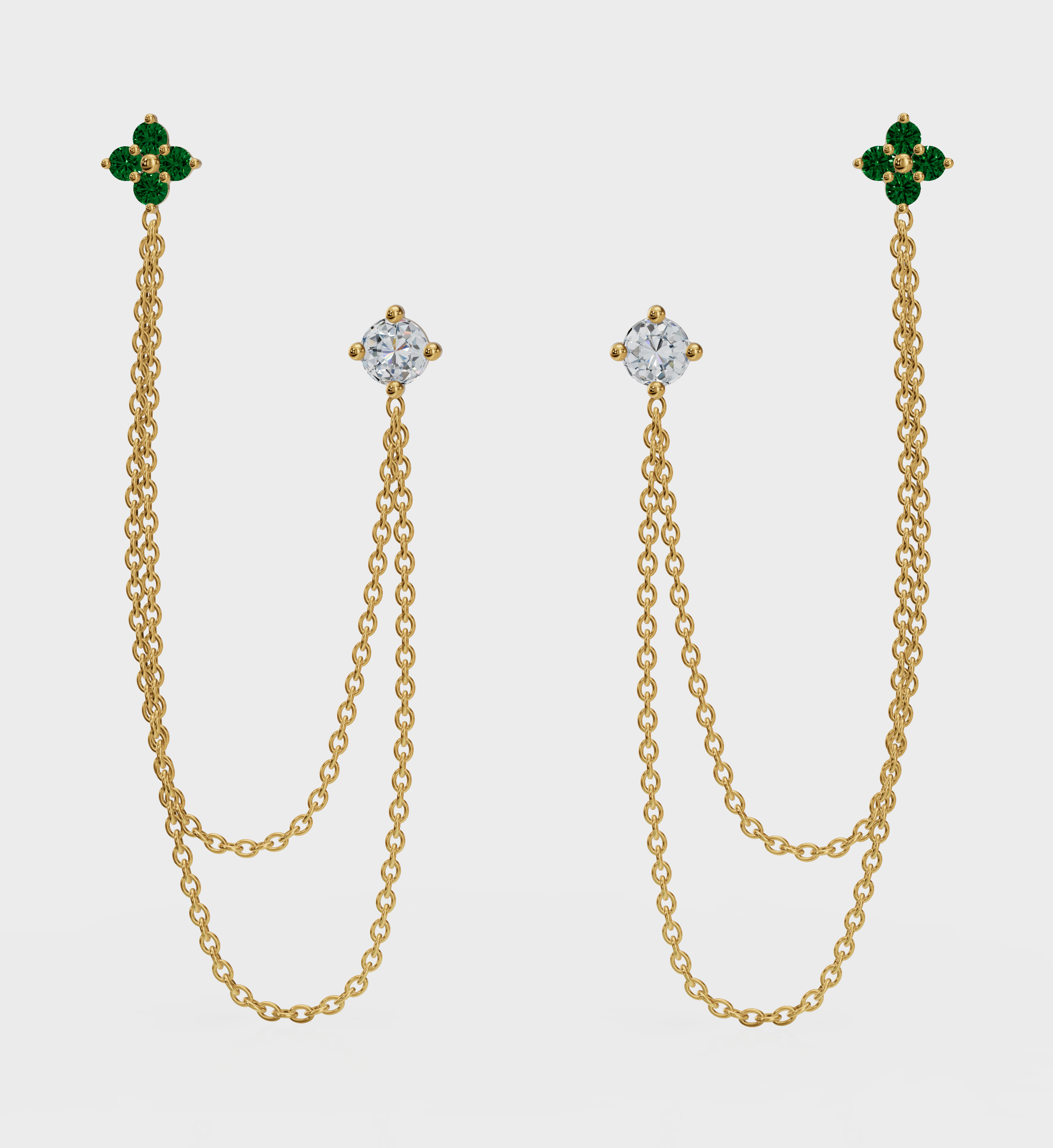 Emerald Diamond Duet Chain Earrings-Chains and Threaders-Anushka Jain Jewellery