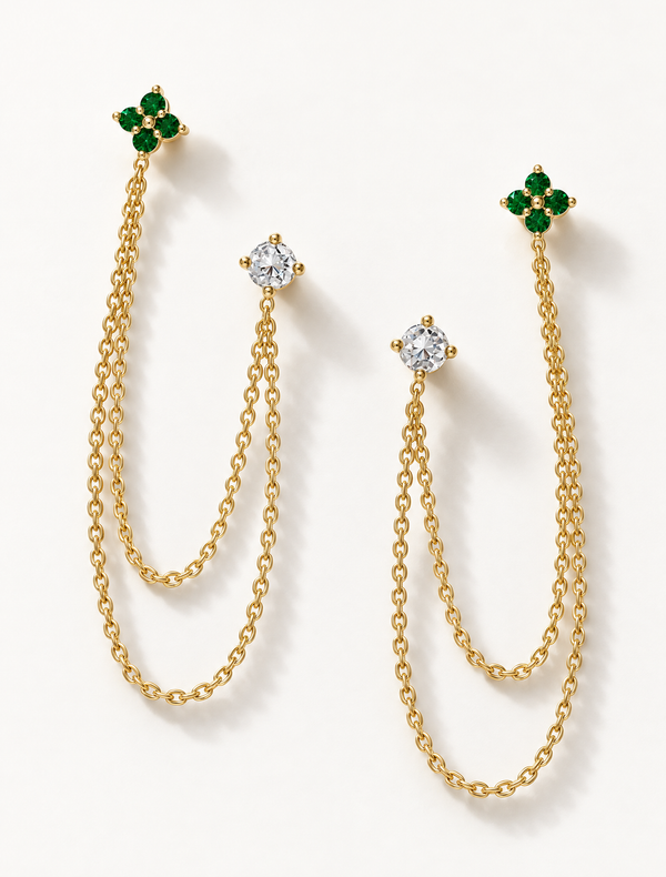 Emerald Diamond Duet Chain Earrings