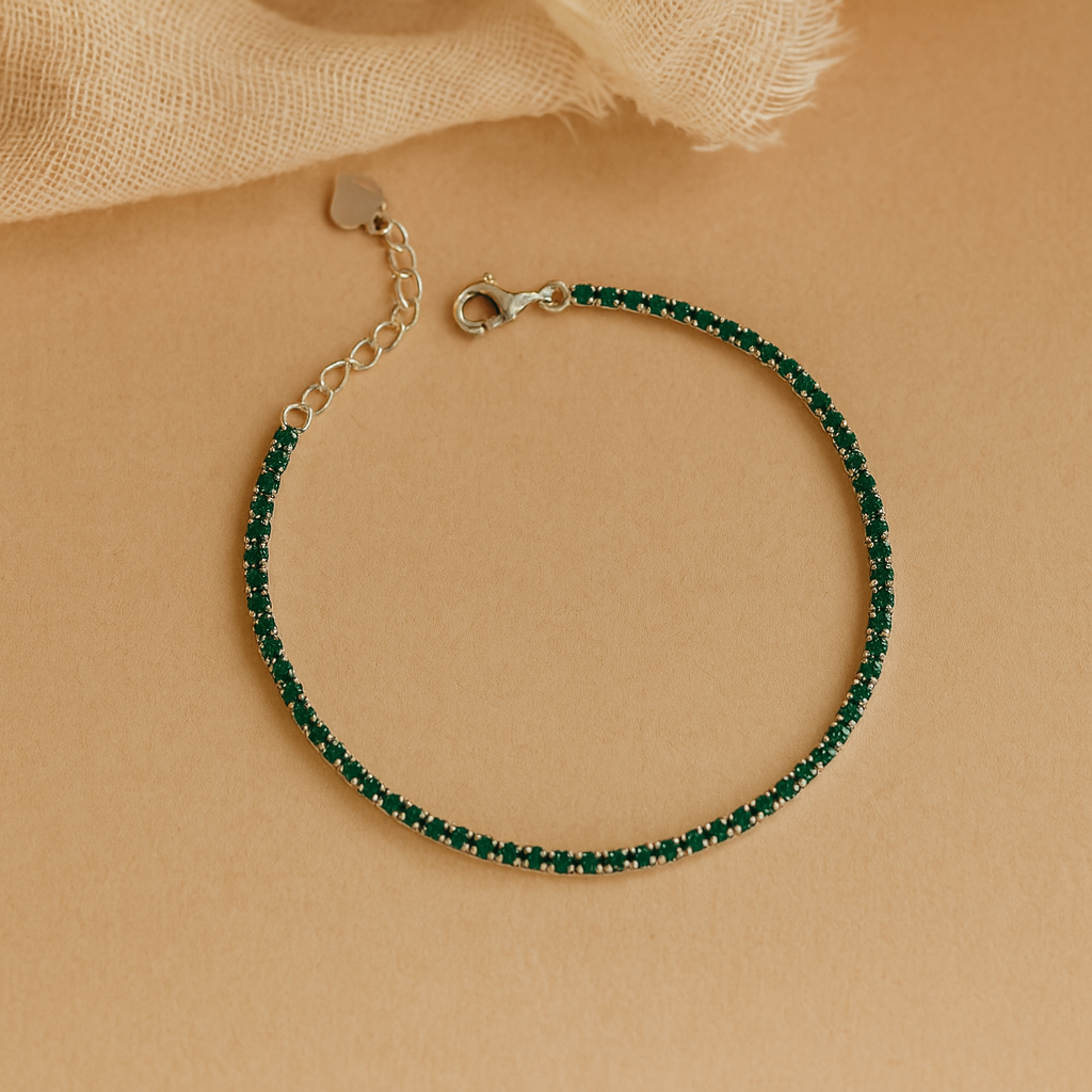 Emerald tennis bracelet in sterling silver with 2mm green stones for everyday wear