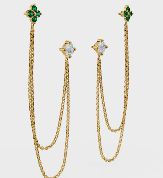 Emerald Diamond Duet Chain Earrings