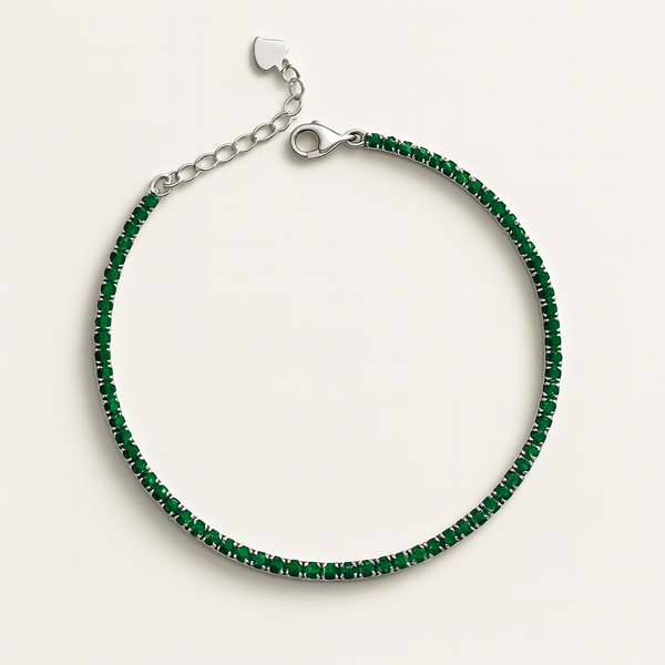 Dainty 2mm emerald tennis bracelet in 925 silver, minimal fine jewellery