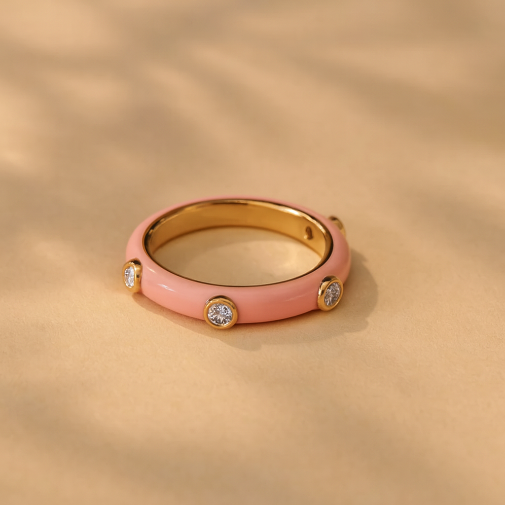 Pastel Pink Studded Enamel Ring-Rings-Anushka Jain Jewellery