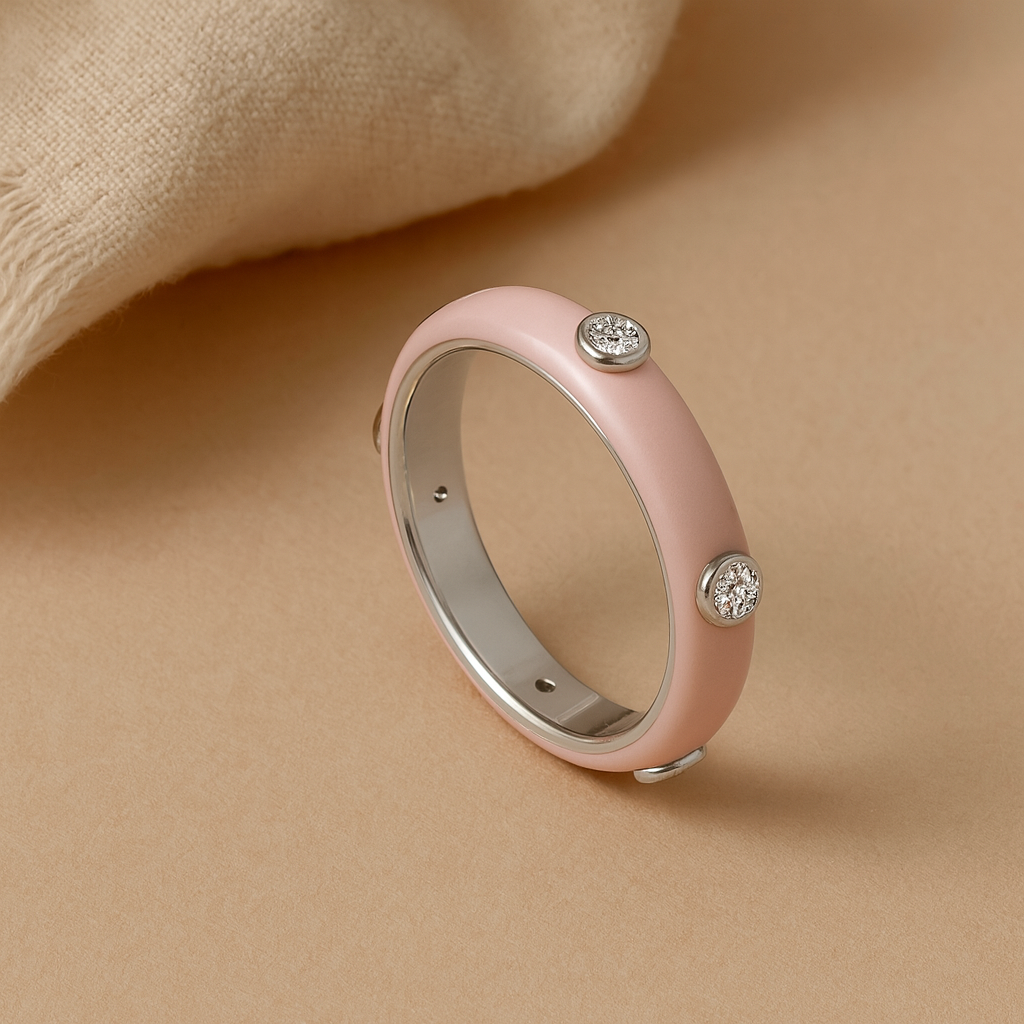 Pastel Pink Studded Enamel Ring-Rings-Anushka Jain Jewellery