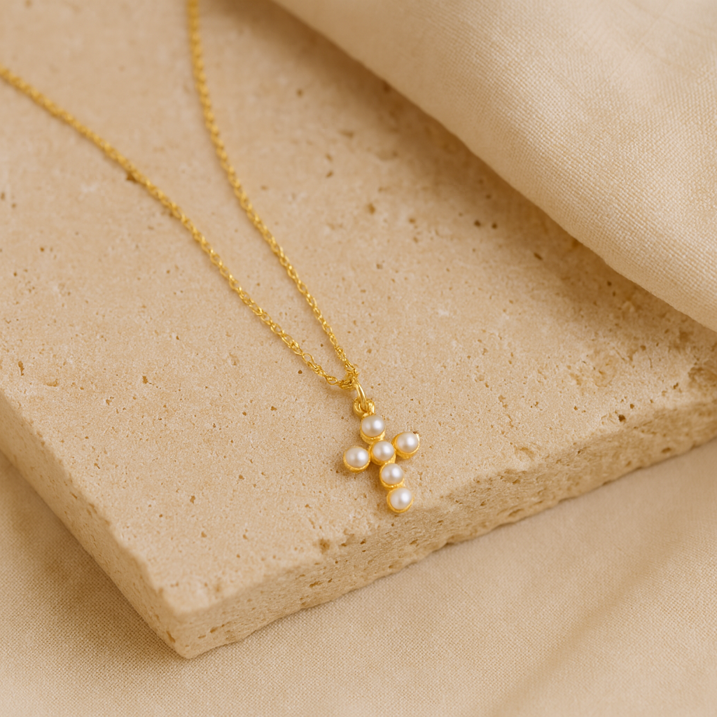 Pearl Cross Necklace-Anushka Jain Jewellery