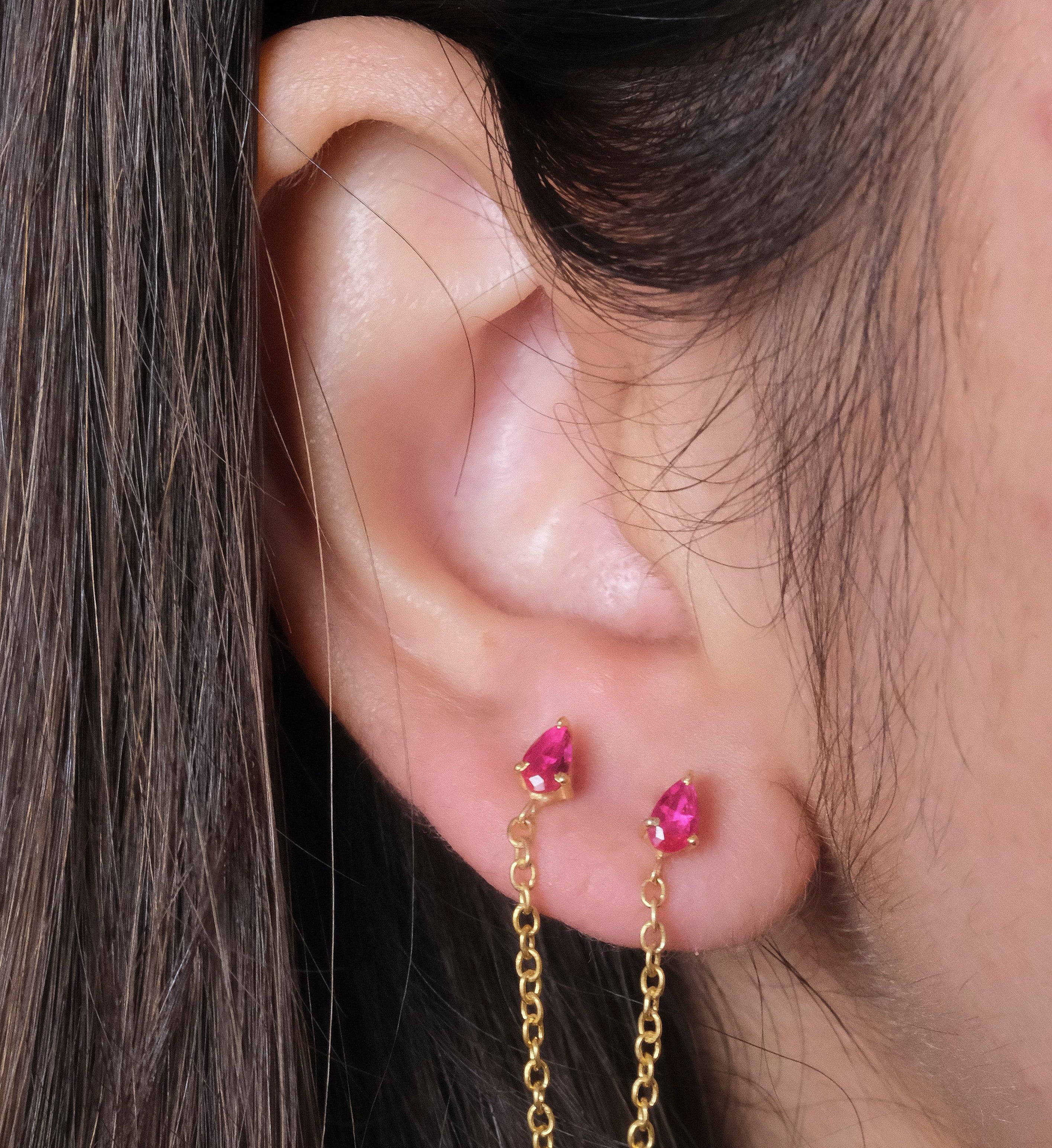 Ruby Drop Ear Chain-Chains and Threaders-Anushka Jain Jewellery