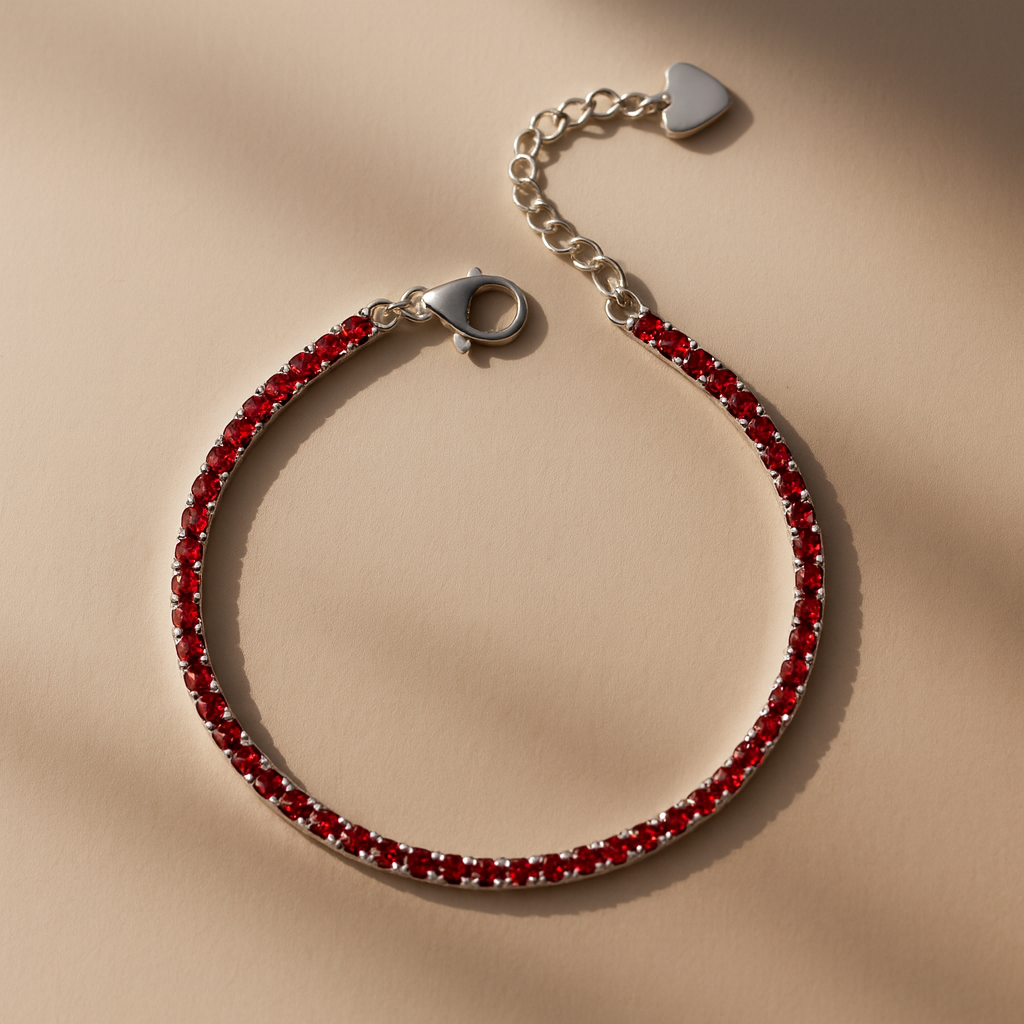 Ruby tennis bracelet in sterling silver with 2mm red stones for everyday wear