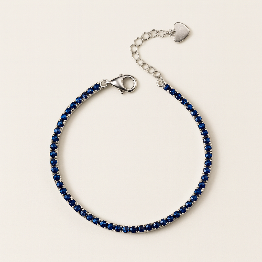 Sapphire tennis bracelet in sterling silver with 2mm blue stones for everyday wear