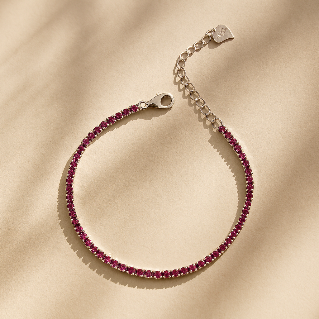 Dainty 2mm pink tennis bracelet in 925 silver, minimal fine jewellery